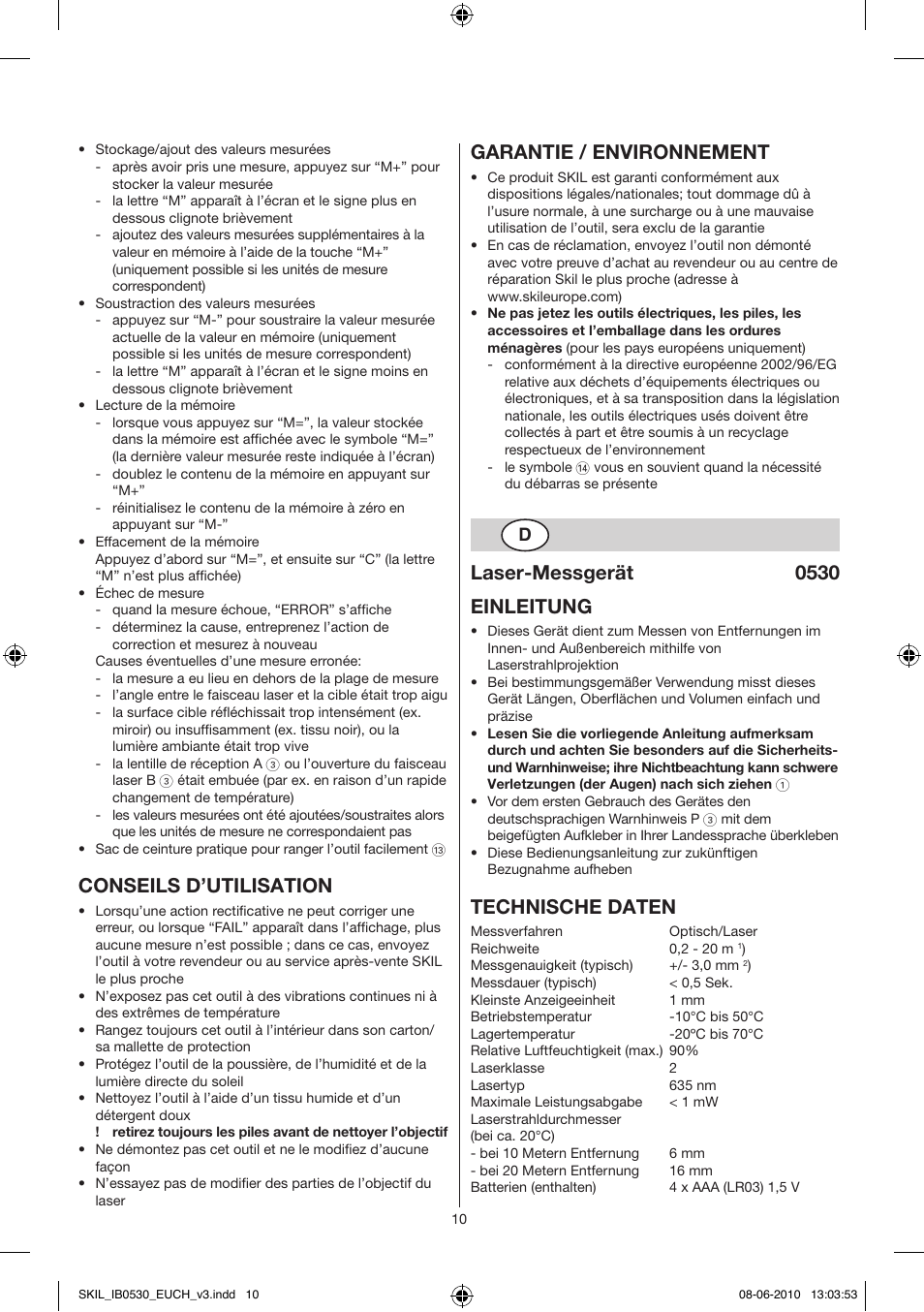 Conseils d’utilisation, Garantie / environnement, Laser-messgerät 0530 einleitung | Technische daten | Skil 0530 AA User Manual | Page 10 / 76