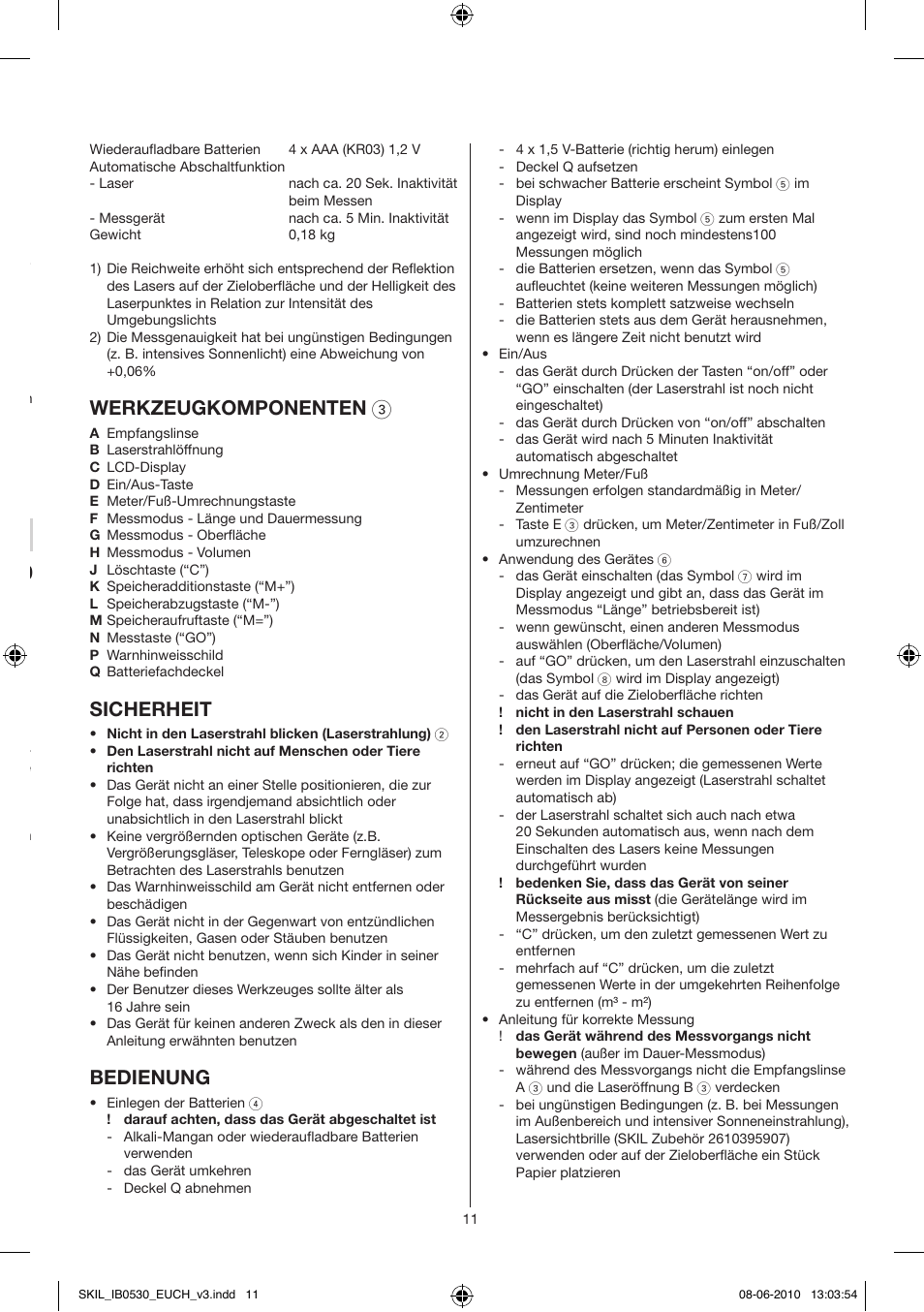 Garantie / environnement, Laser-messgerät 0530 einleitung, Technische daten | Werkzeugkomponenten 3, Sicherheit, Bedienung | Skil 0530 AA User Manual | Page 11 / 76