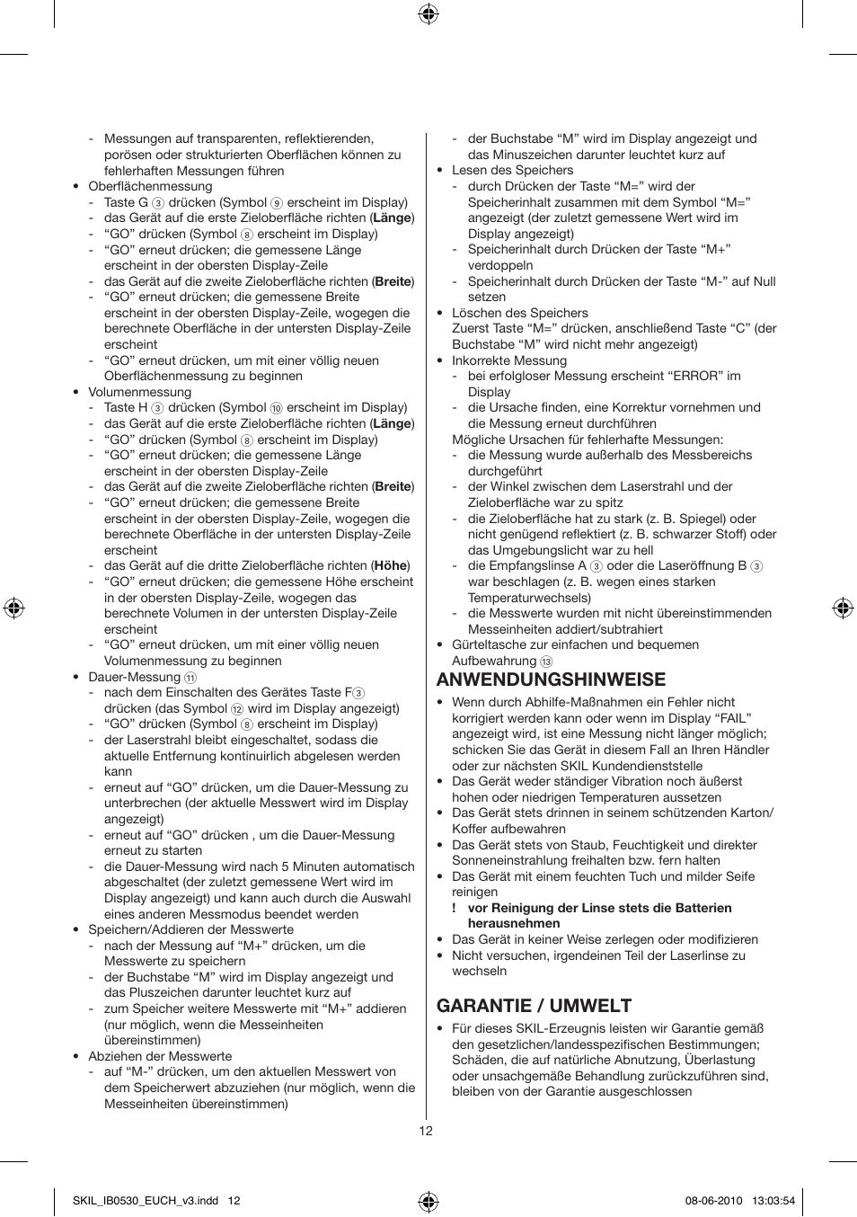 Anwendungshinweise, Garantie / umwelt | Skil 0530 AA User Manual | Page 12 / 76