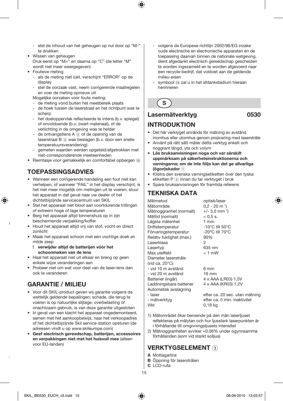 Toepassingsadvies, Garantie / milieu, Lasermätverktyg 0530 introduktion | Tekniska data, Verktygselement 3 | Skil 0530 AA User Manual | Page 15 / 76