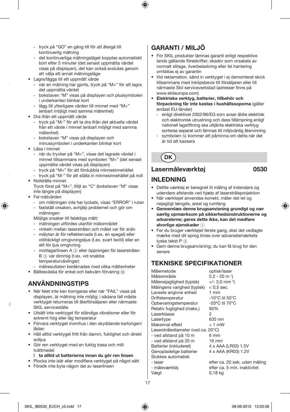 Användningstips, Garanti / miljö, Lasermåleværktøj 0530 inledning | Tekniske specifikationer | Skil 0530 AA User Manual | Page 17 / 76