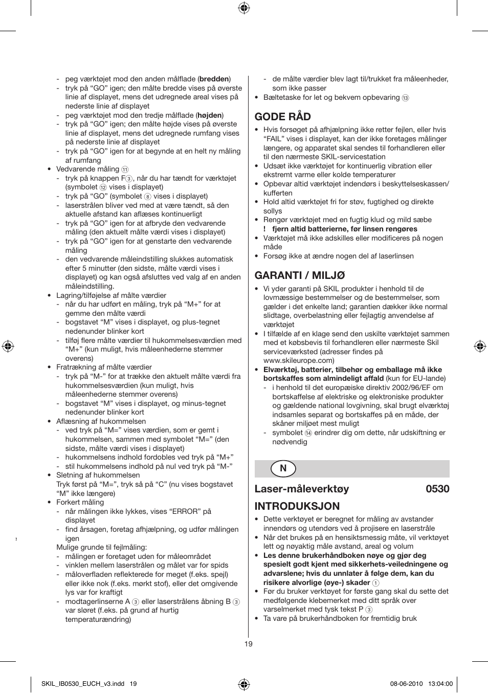 Gode råd, Garanti / miljø, Laser-måleverktøy 0530 introduksjon | Skil 0530 AA User Manual | Page 19 / 76