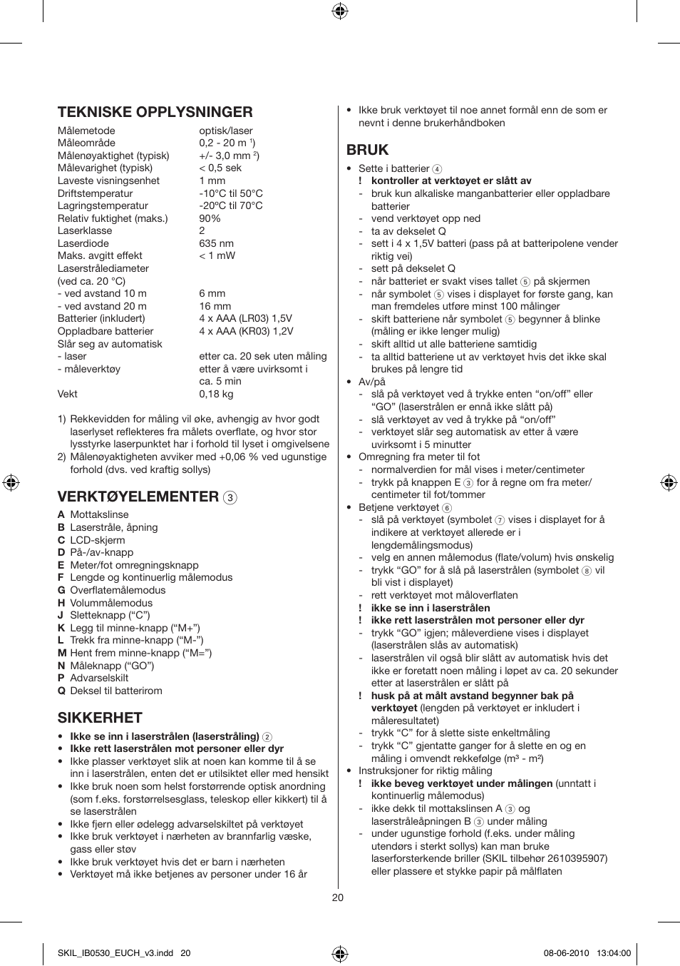 Tekniske opplysninger, Verktøyelementer 3, Sikkerhet | Bruk | Skil 0530 AA User Manual | Page 20 / 76