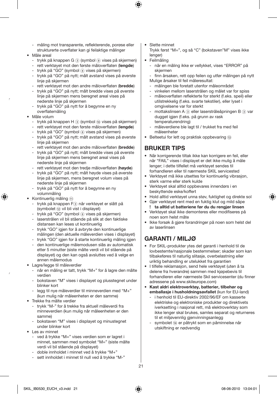 Bruk, Bruker tips, Garanti / miljø | Skil 0530 AA User Manual | Page 21 / 76