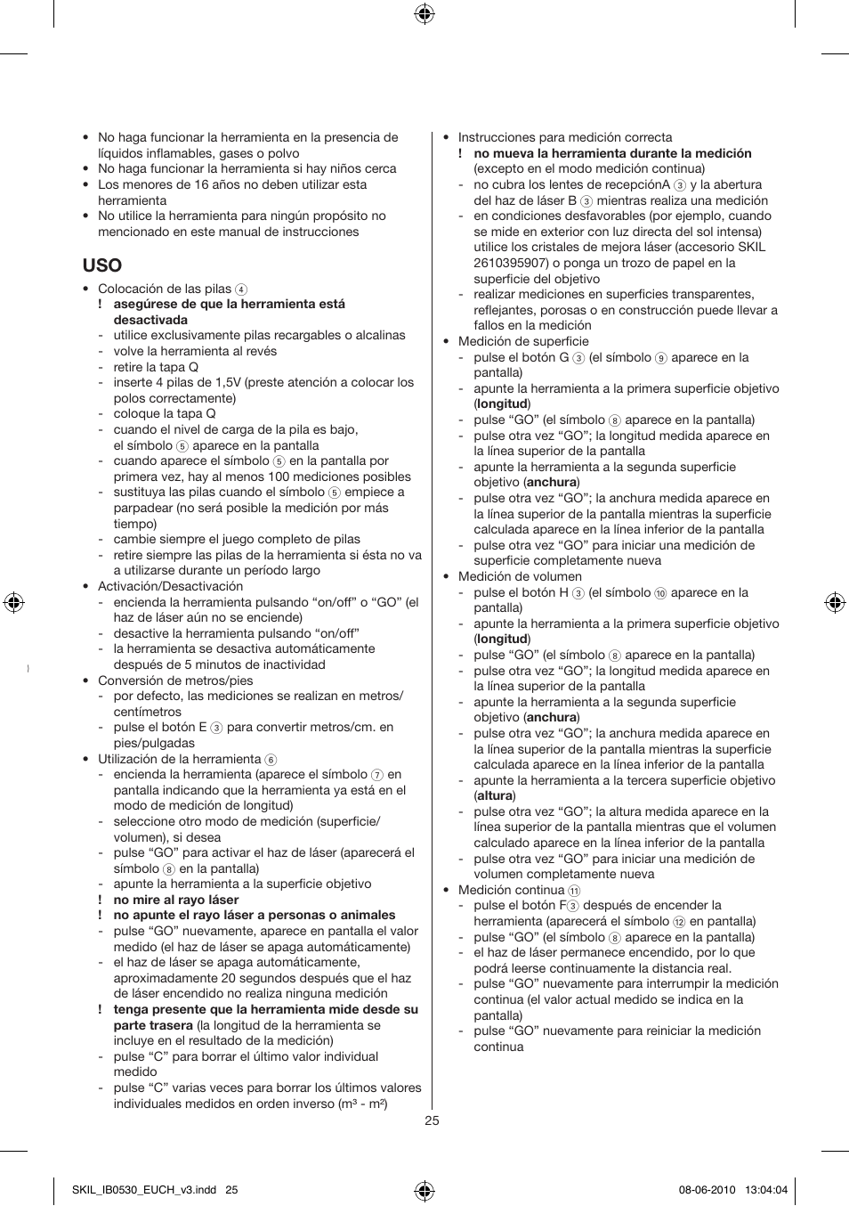 Caracteristicas tecnicas, Elementos de la herramienta 3, Seguridad | Skil 0530 AA User Manual | Page 25 / 76