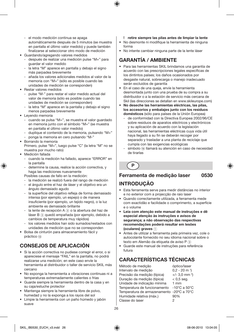 Consejos de aplicación, Garantía / ambiente, Ferramenta de medição laser 0530 introdução | Características técnicas | Skil 0530 AA User Manual | Page 26 / 76