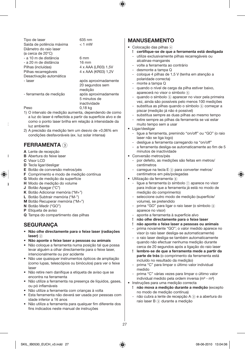 Garantía / ambiente, Ferramenta de medição laser 0530 introdução, Características técnicas | Ferramenta 3, Segurança, Manuseamento | Skil 0530 AA User Manual | Page 27 / 76