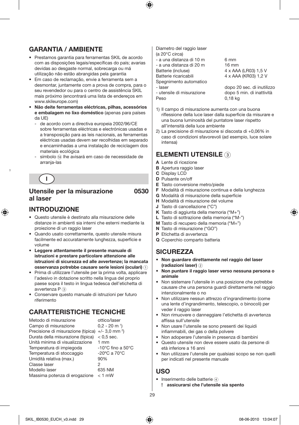 Conselhos de aplicação, Garantia / ambiente, Caratteristiche tecniche | Elementi utensile 3, Sicurezza | Skil 0530 AA User Manual | Page 29 / 76