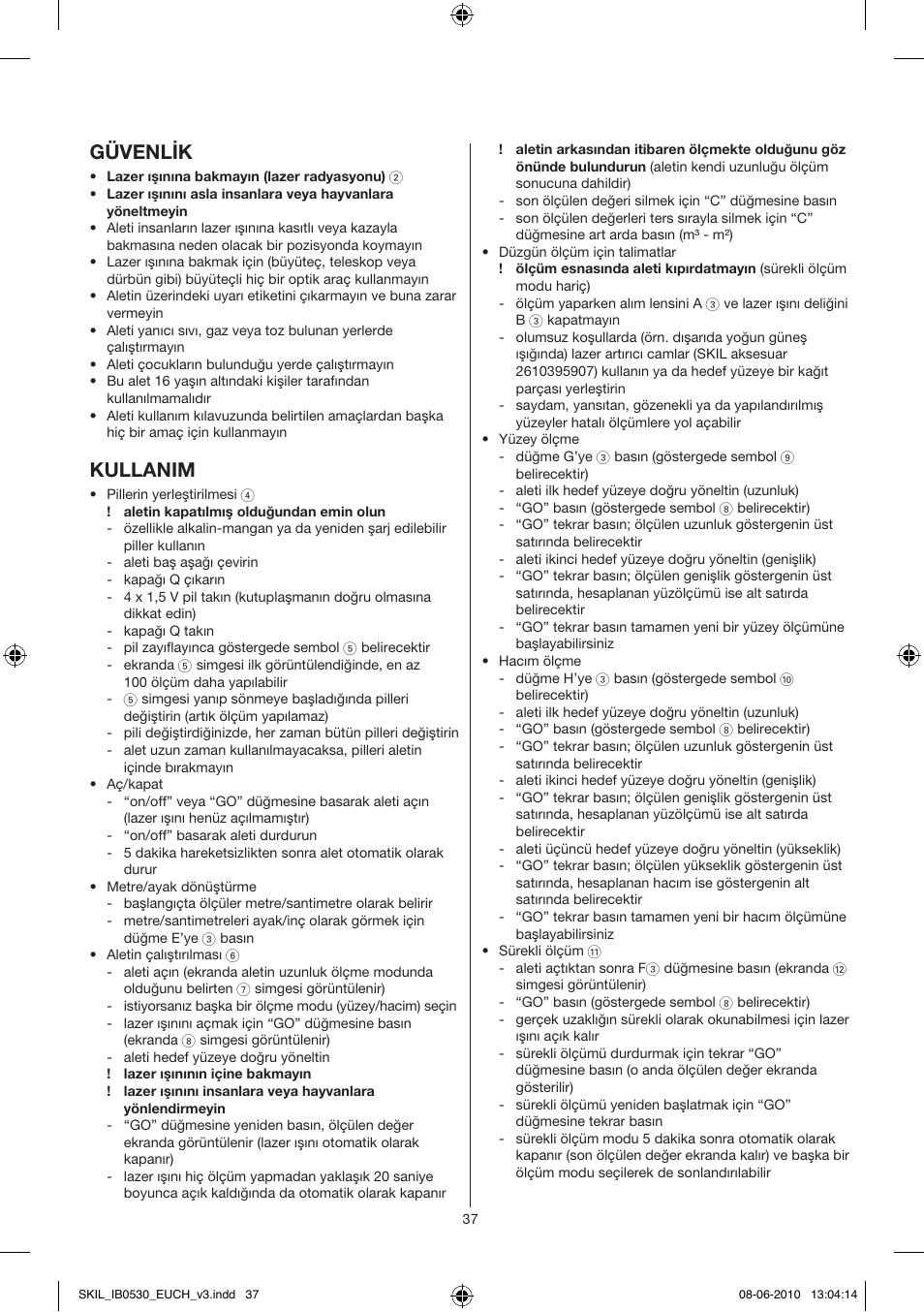 Teknik veriler, Alet bileşenleri 3, Güvenlik | Kullanim | Skil 0530 AA User Manual | Page 37 / 76