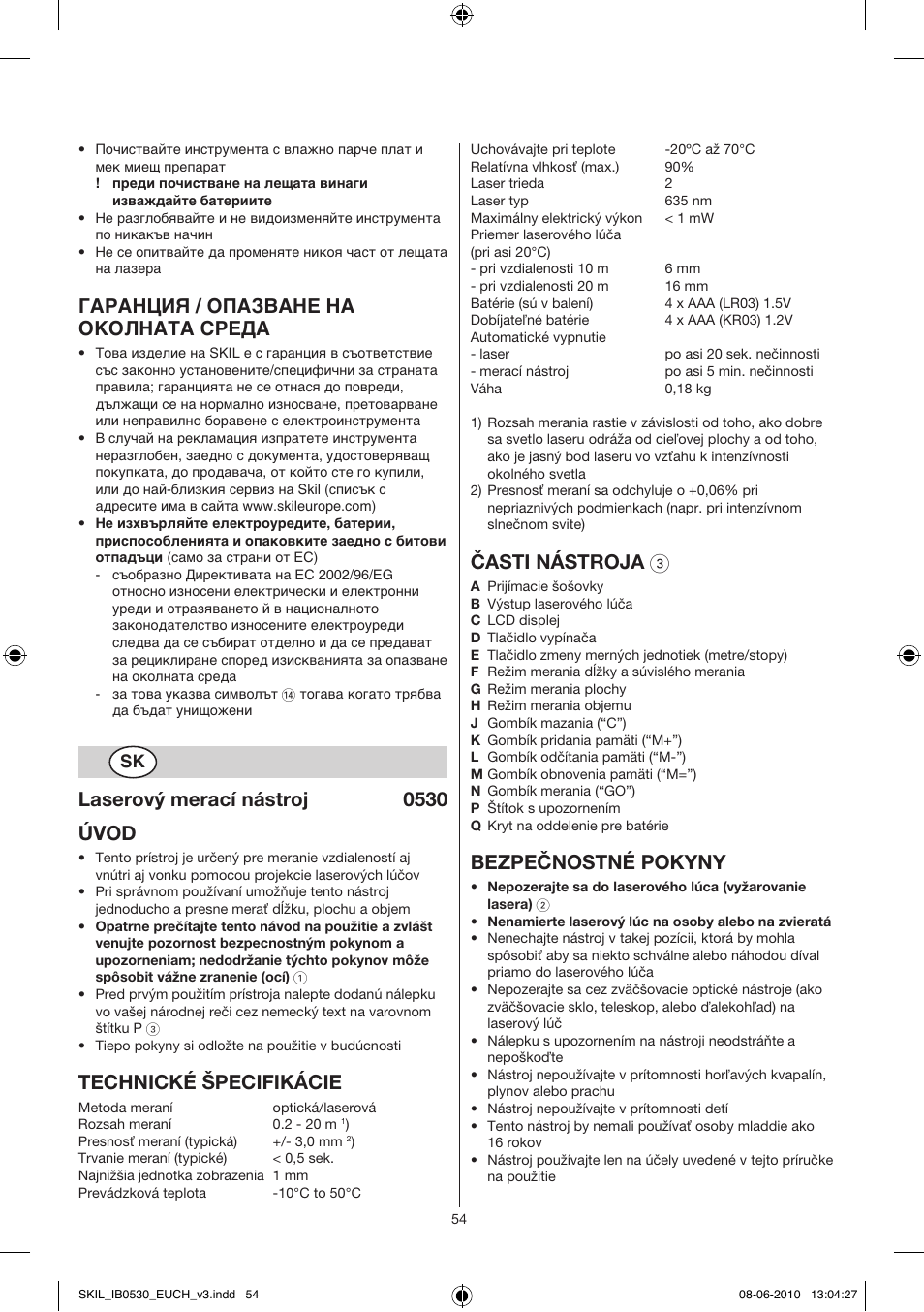 Гаранция / опазване на околната среда, Laserový merací nástroj 0530 úvod, Technické špecifikácie | Časti nástroja 3, Bezpečnostné pokyny | Skil 0530 AA User Manual | Page 54 / 76