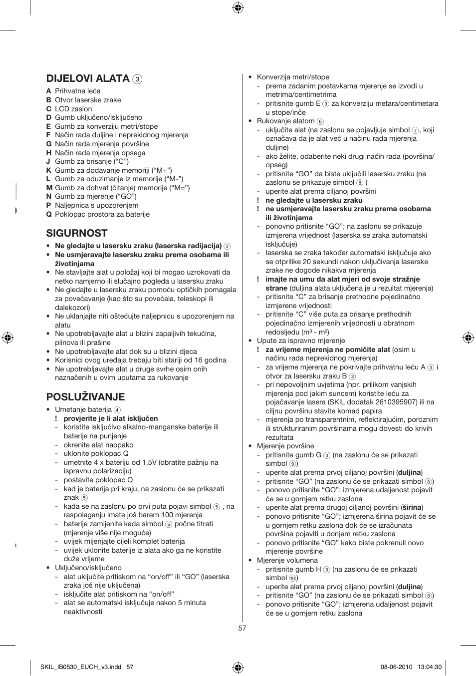 Laserski alat za mjerenje 0530 uvod, Tehnički podaci, Dijelovi alata 3 | Sigurnost, Posluživanje | Skil 0530 AA User Manual | Page 57 / 76