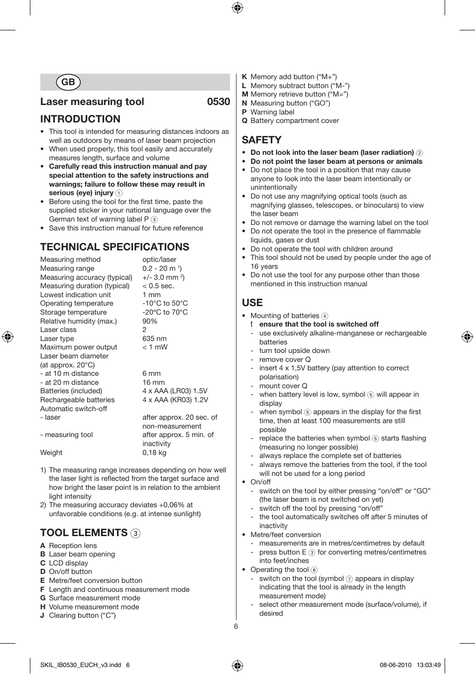 Laser measuring tool 0530 introduction, Technical specifications, Tool elements 3 | Safety | Skil 0530 AA User Manual | Page 6 / 76