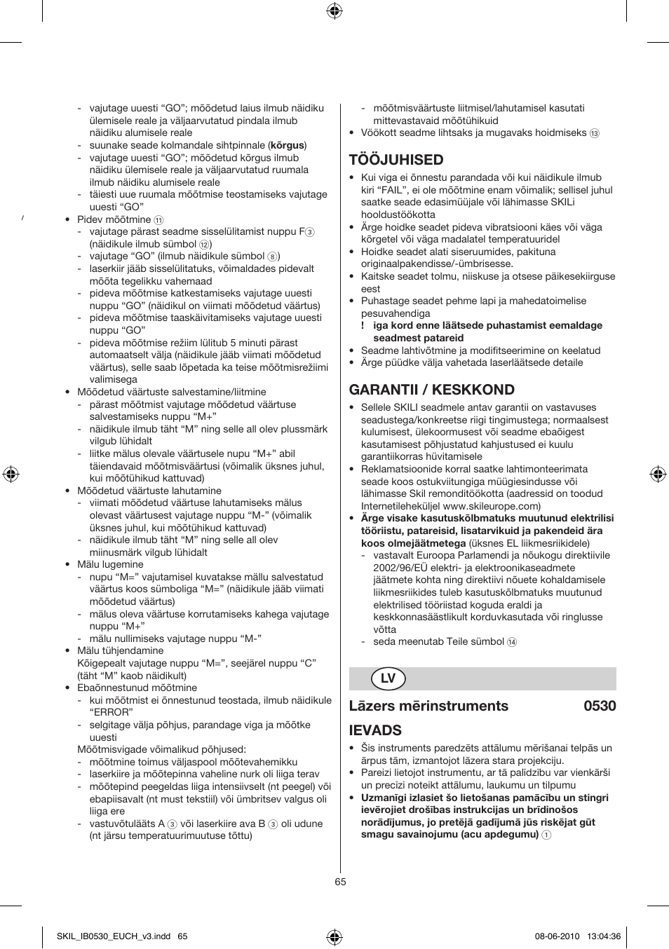 Tööjuhised, Garantii / keskkond, Lāzers mērinstruments 0530 ievads | Skil 0530 AA User Manual | Page 65 / 76