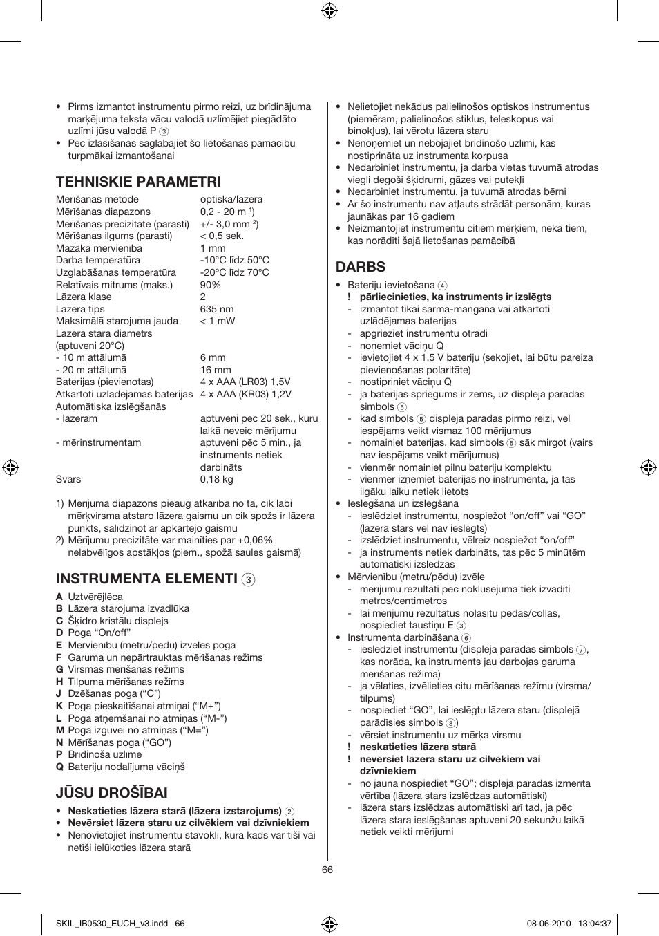 Tehniskie parametri, Instrumenta elementi 3, Jūsu drošībai | Darbs | Skil 0530 AA User Manual | Page 66 / 76