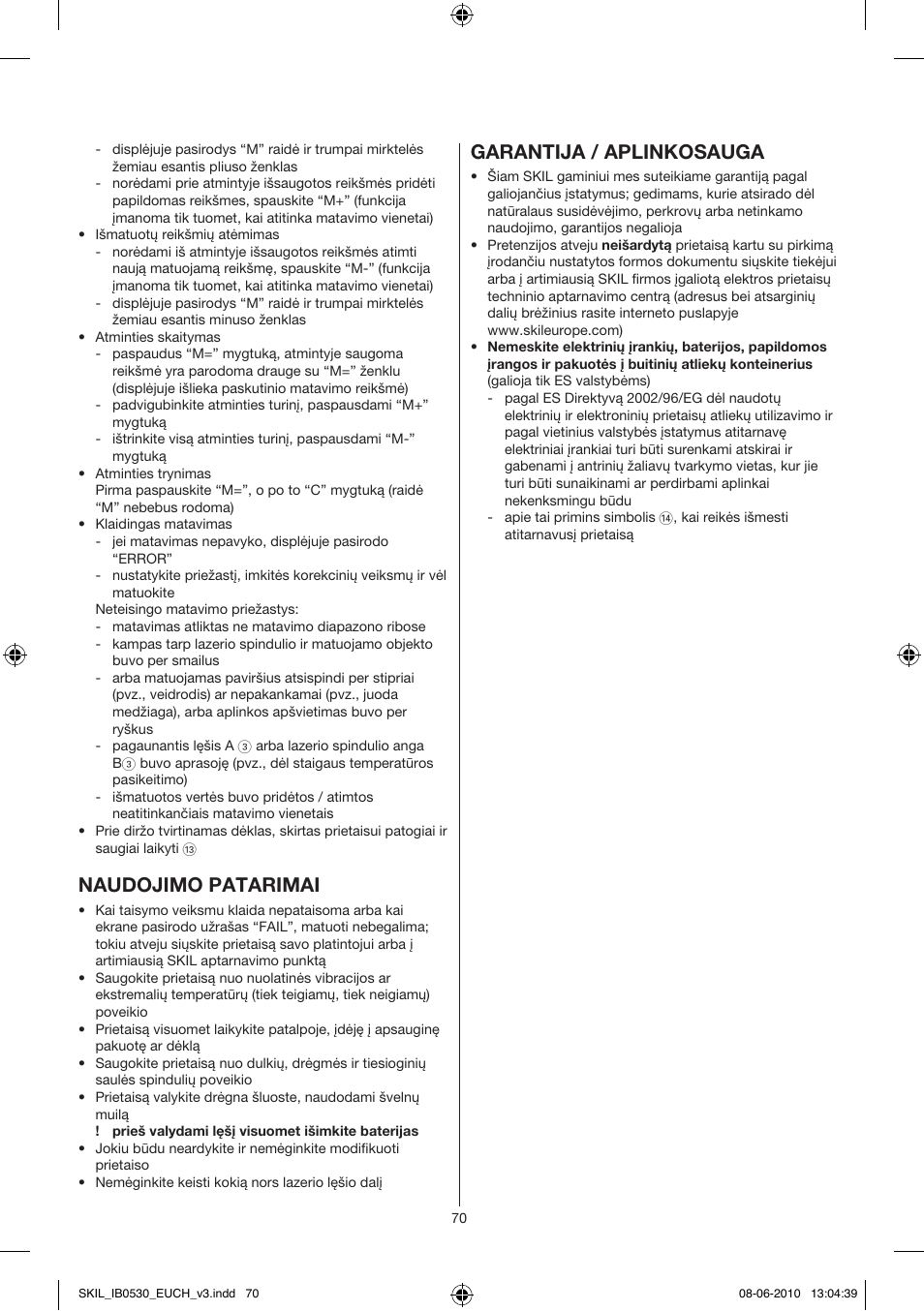 Naudojimo patarimai, Garantija / aplinkosauga | Skil 0530 AA User Manual | Page 70 / 76