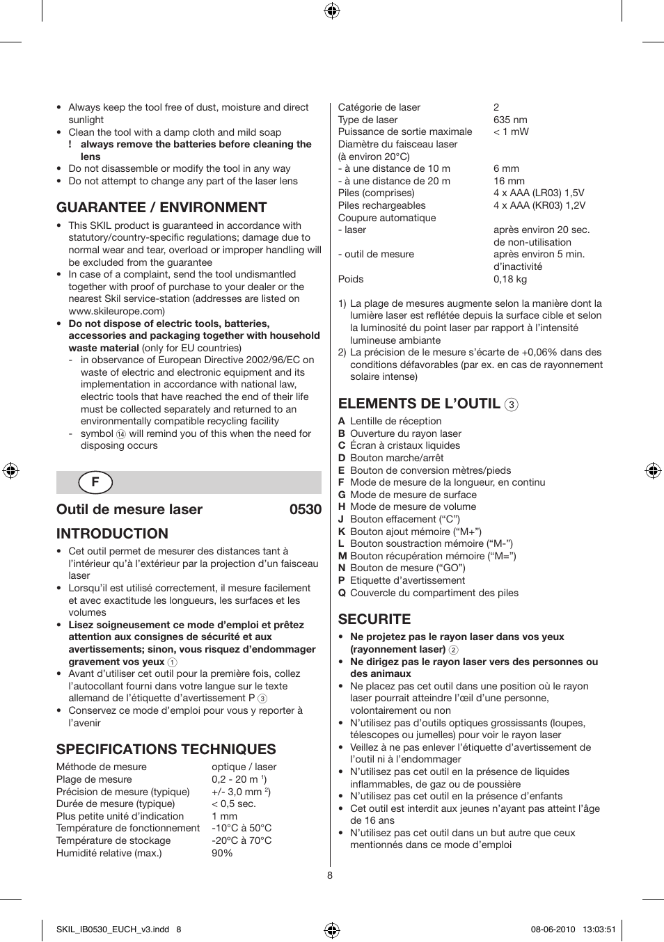 Guarantee / environment, Outil de mesure laser 0530 introduction, Specifications techniques | Elements de l’outil 3, Securite | Skil 0530 AA User Manual | Page 8 / 76