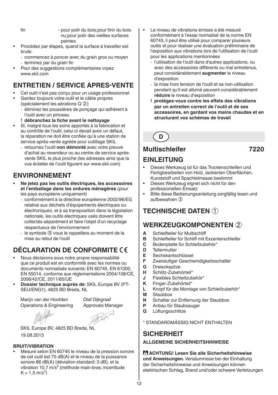 Entretien / service apres-vente, Environnement, Déclaration de conformite | Multischleifer 7220 einleitung, Technische daten ① werkzeugkomponenten, Sicherheit | Skil 7220 (F0157220..) User Manual | Page 12 / 116