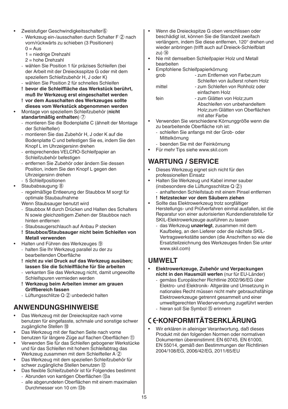 Anwendungshinweise, Wartung / service, Umwelt | Konformitätserklärung | Skil 7220 (F0157220..) User Manual | Page 15 / 116