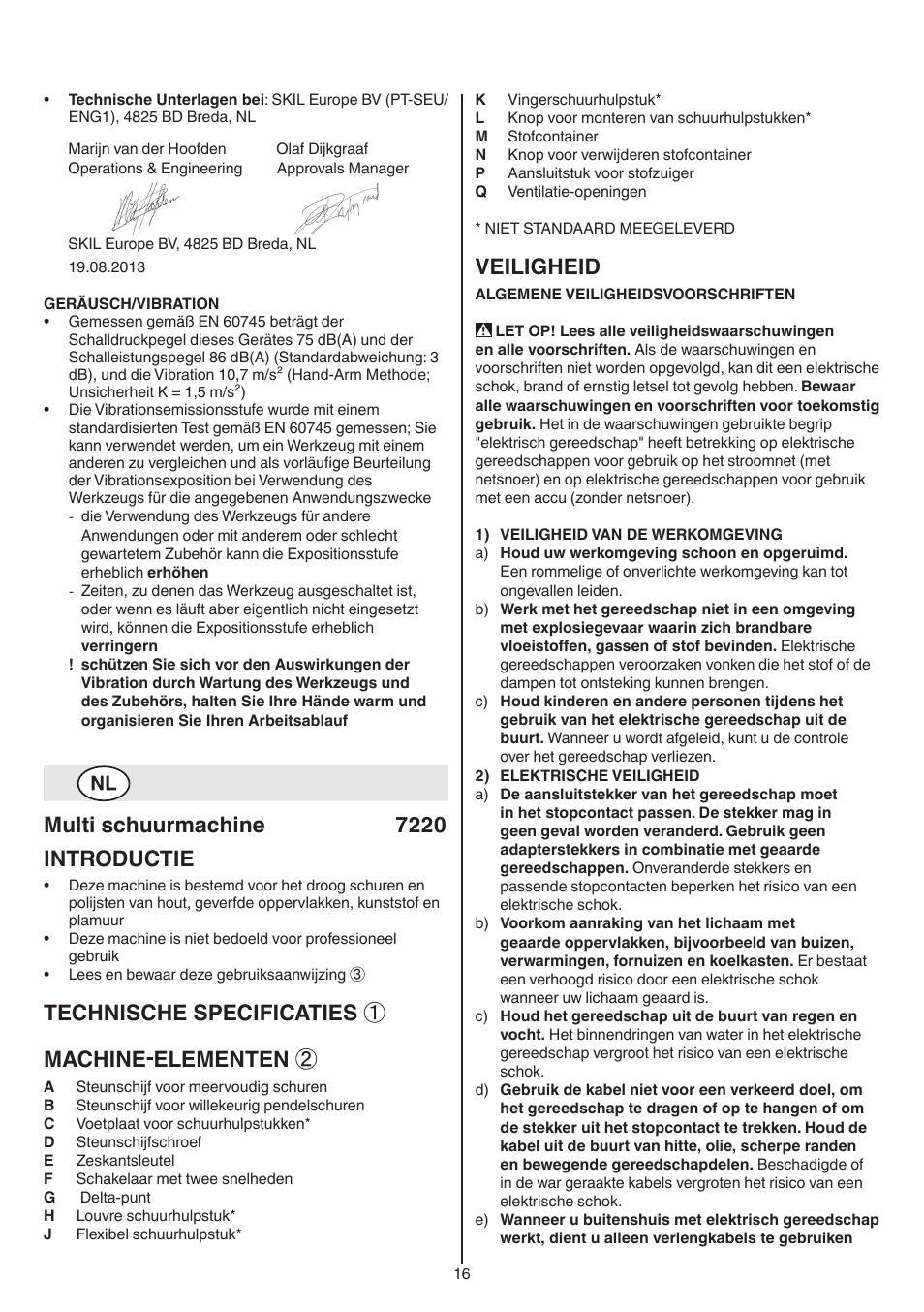 Multi schuurmachine 7220 introductie, Technische specificaties ① machine-elementen, Veiligheid | Skil 7220 (F0157220..) User Manual | Page 16 / 116