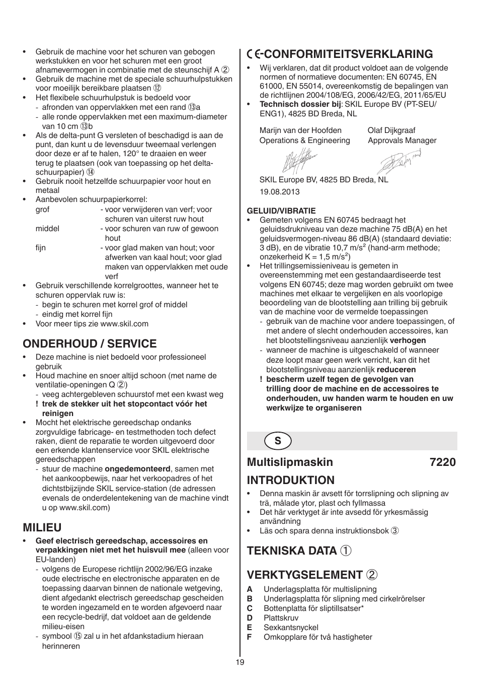 Onderhoud / service, Milieu, Conformiteitsverklaring | Multislipmaskin 7220 introduktion, Tekniska data ① verktygselement | Skil 7220 (F0157220..) User Manual | Page 19 / 116