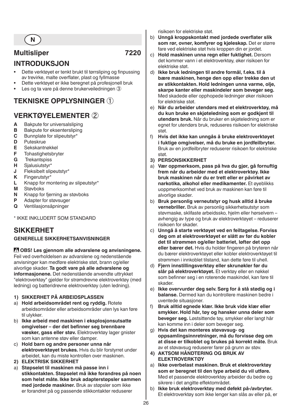 Multisliper 7220 introduksjon, Tekniske opplysninger ① verktøyelementer, Sikkerhet | Skil 7220 (F0157220..) User Manual | Page 26 / 116