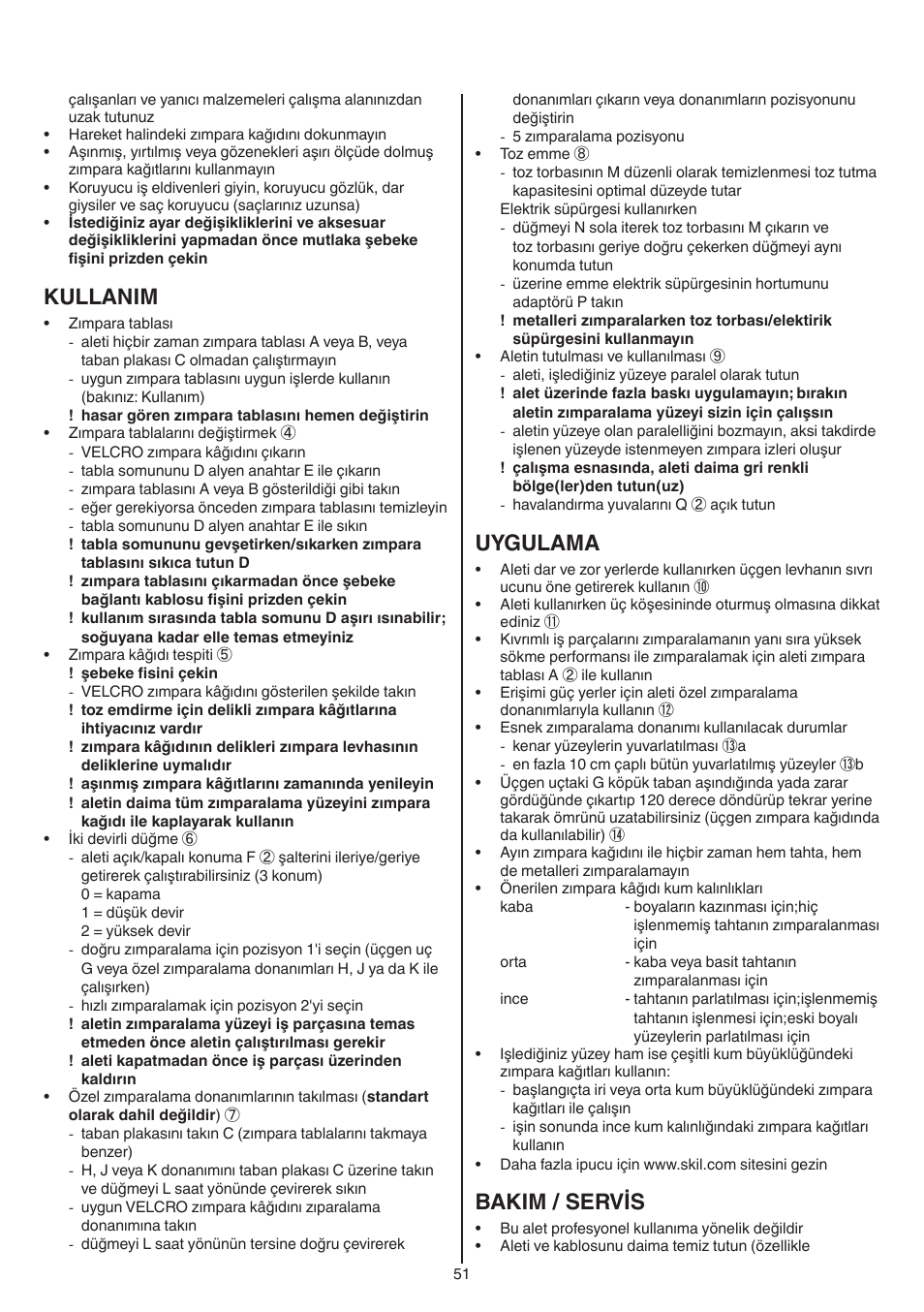 Kullanim, Uygulama, Bakim / servis | Skil 7220 (F0157220..) User Manual | Page 51 / 116