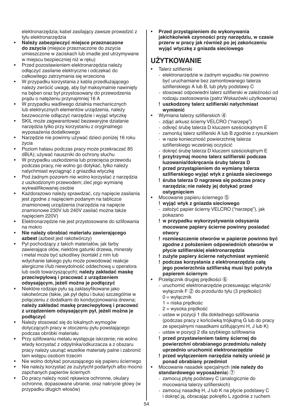 Użytkowanie | Skil 7220 (F0157220..) User Manual | Page 54 / 116
