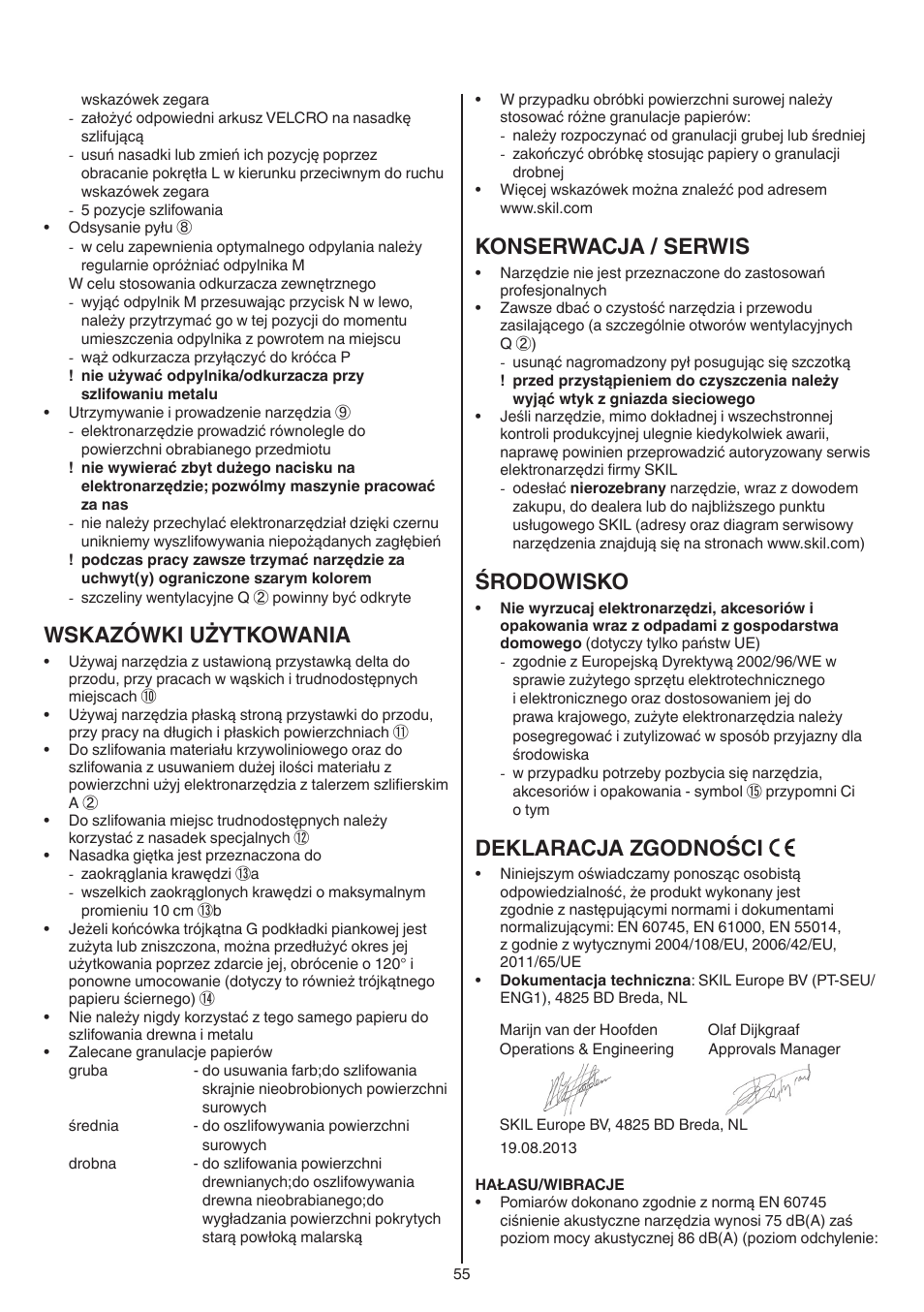 Wskazówki użytkowania, Konserwacja / serwis, Środowisko | Deklaracja zgodności | Skil 7220 (F0157220..) User Manual | Page 55 / 116