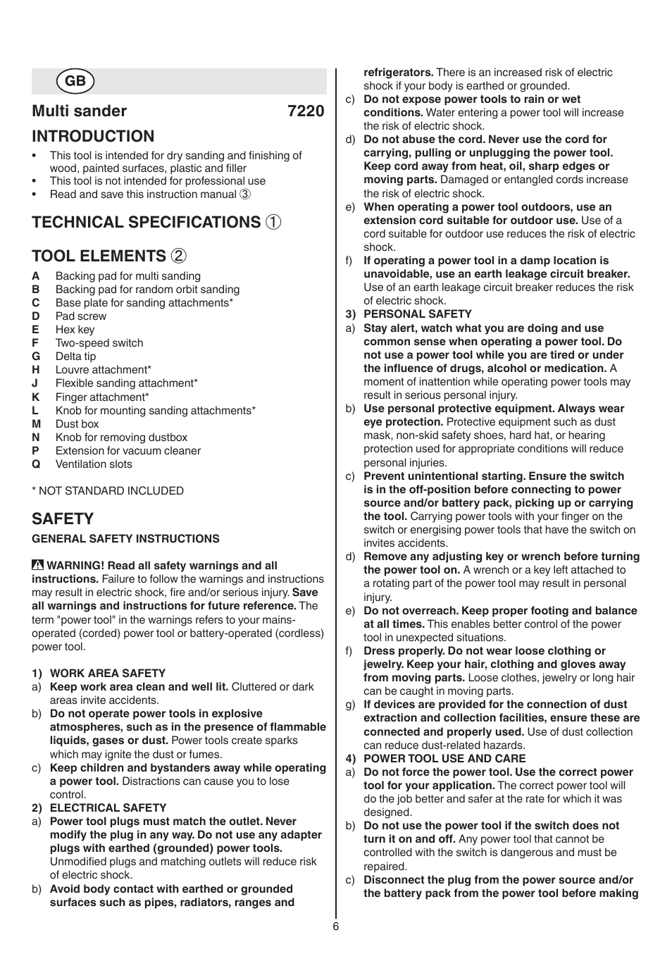 Multi sander 7220 introduction, Technical specifications ① tool elements, Safety | Skil 7220 (F0157220..) User Manual | Page 6 / 116