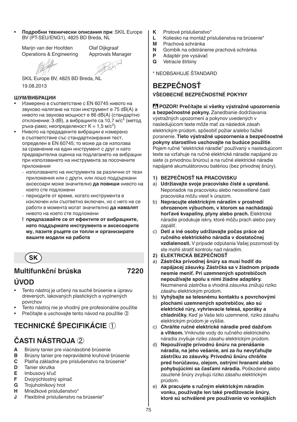 Multifunkční brúska 7220 úvod, Technické špecifikácie ① časti nástroja, Bezpečnosť | Skil 7220 (F0157220..) User Manual | Page 75 / 116
