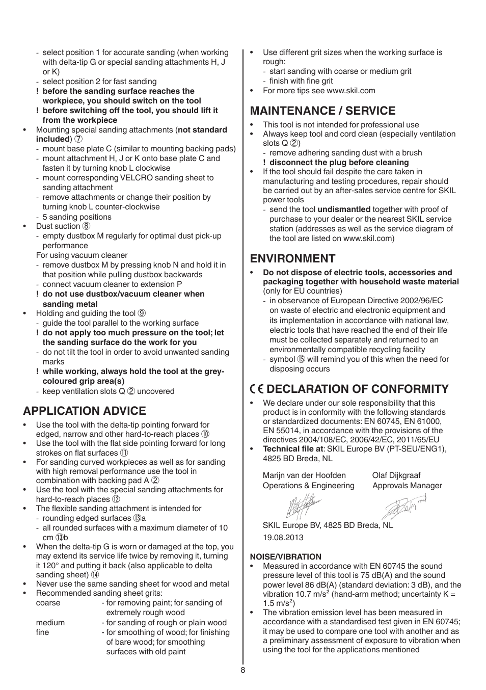 Application advice, Maintenance / service, Environment | Declaration of conformity | Skil 7220 (F0157220..) User Manual | Page 8 / 116