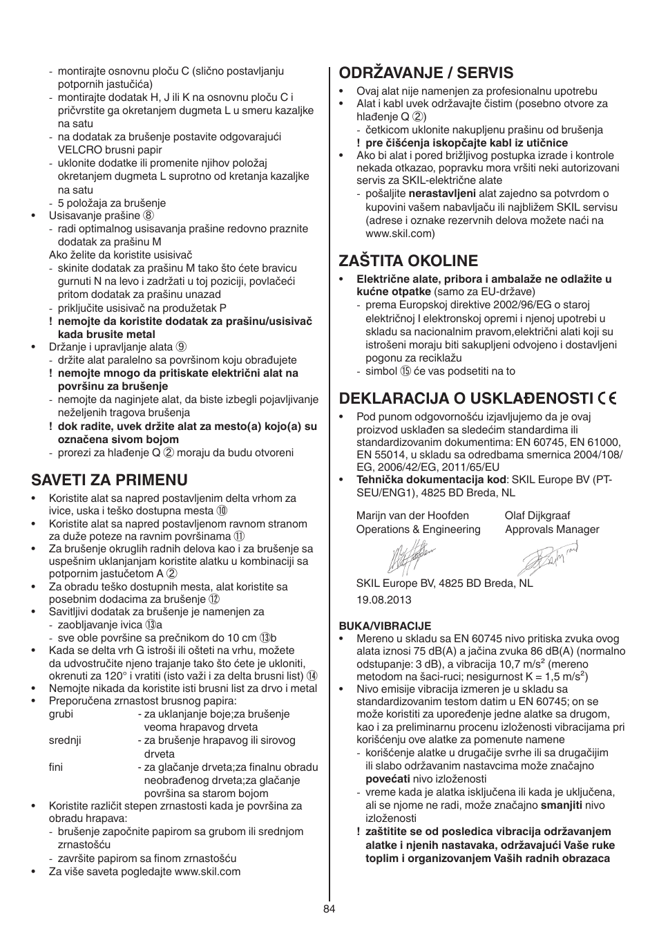 Saveti za primenu, Održavanje / servis, Zaštita okoline | Deklaracija o usklađenosti | Skil 7220 (F0157220..) User Manual | Page 84 / 116