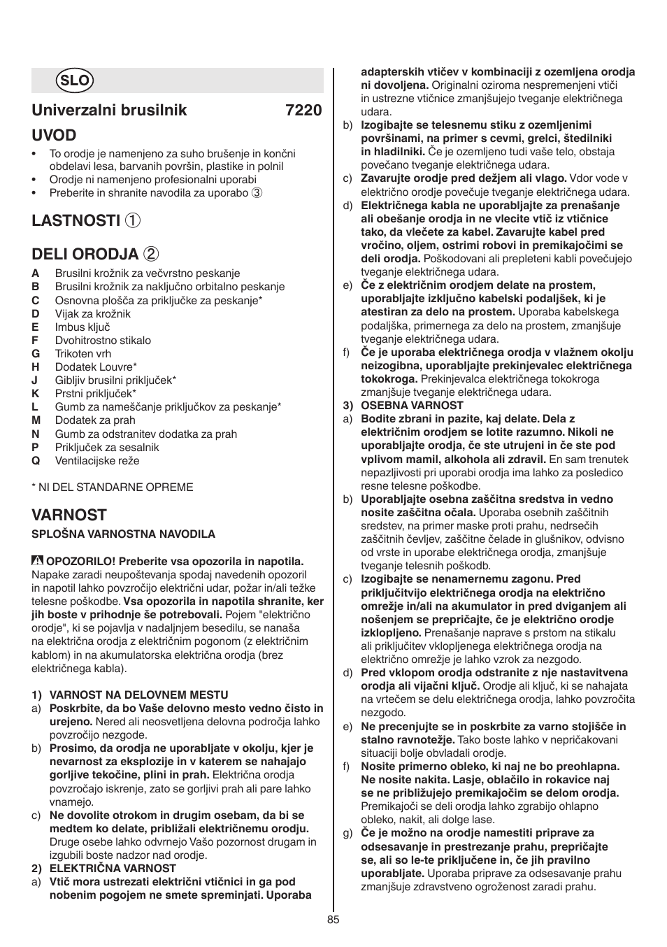 Univerzalni brusilnik 7220 uvod, Lastnosti ① deli orodja, Varnost | Skil 7220 (F0157220..) User Manual | Page 85 / 116