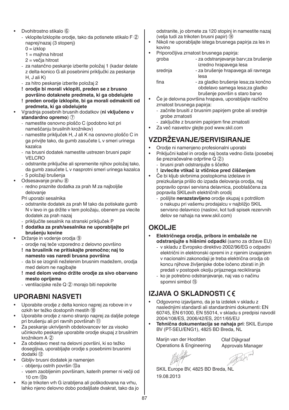 Uporabni nasveti, Vzdrževanje/servisiranje, Okolje | Izjava o skladnosti | Skil 7220 (F0157220..) User Manual | Page 87 / 116