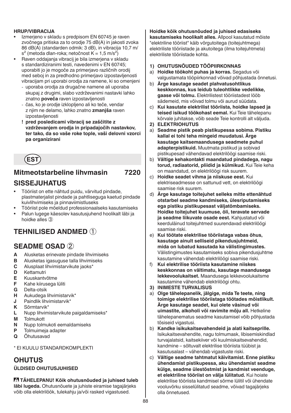 Mitmeotstarbeline lihvmasin 7220 sissejuhatus, Tehnilised andmed ① seadme osad, Ohutus | Skil 7220 (F0157220..) User Manual | Page 88 / 116