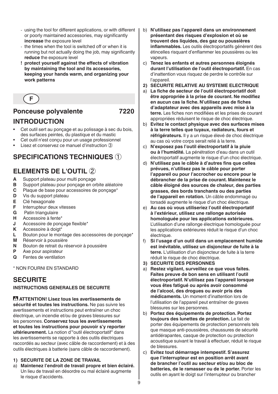 Ponceuse polyvalente 7220 introduction, Specifications techniques ① elements de l'outil, Securite | Skil 7220 (F0157220..) User Manual | Page 9 / 116
