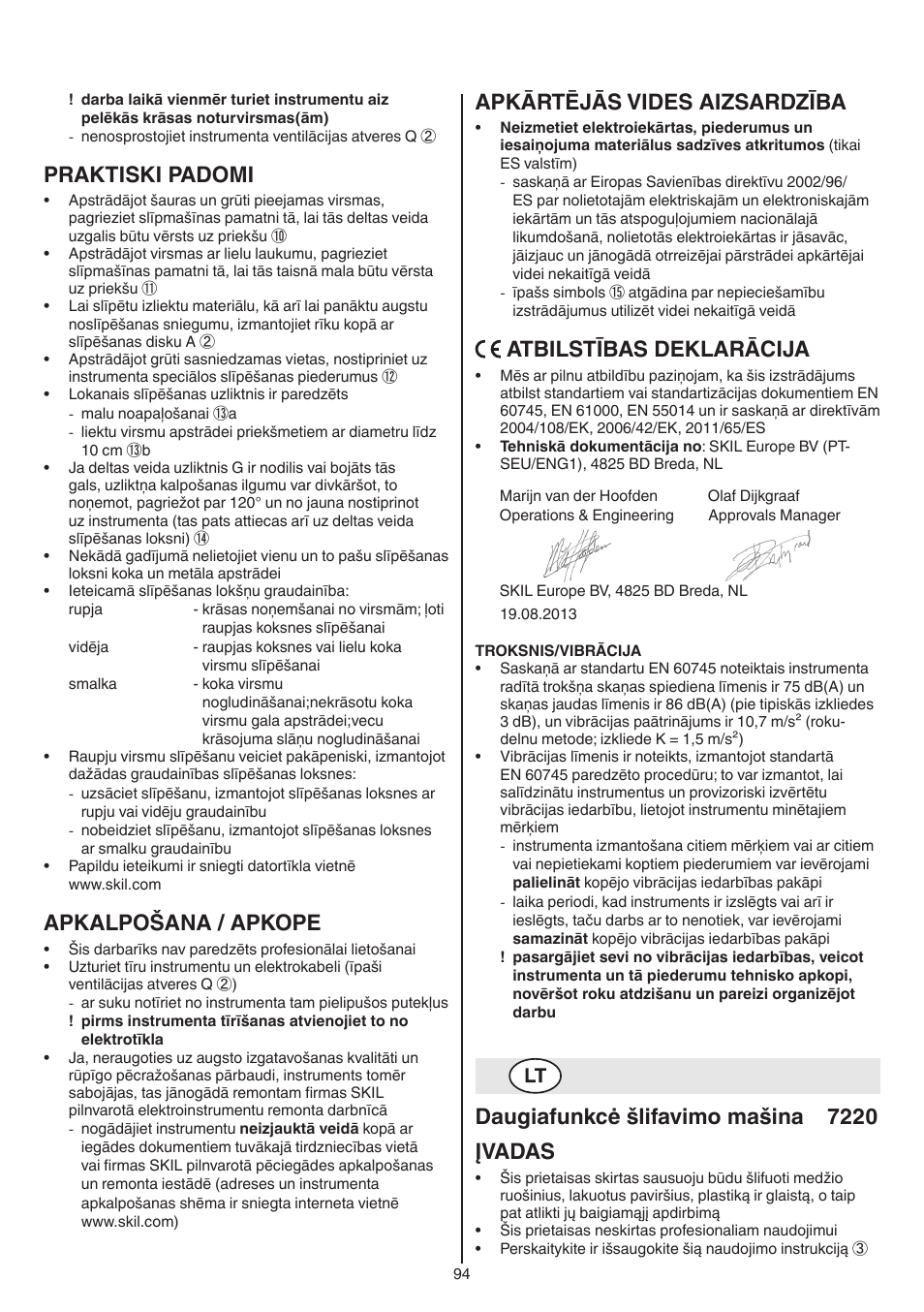 Praktiski padomi, Apkalpošana / apkope, Apkārtējās vides aizsardzība | Atbilstības deklarācija, Daugiafunkcė šlifavimo mašina 7220 įvadas | Skil 7220 (F0157220..) User Manual | Page 94 / 116