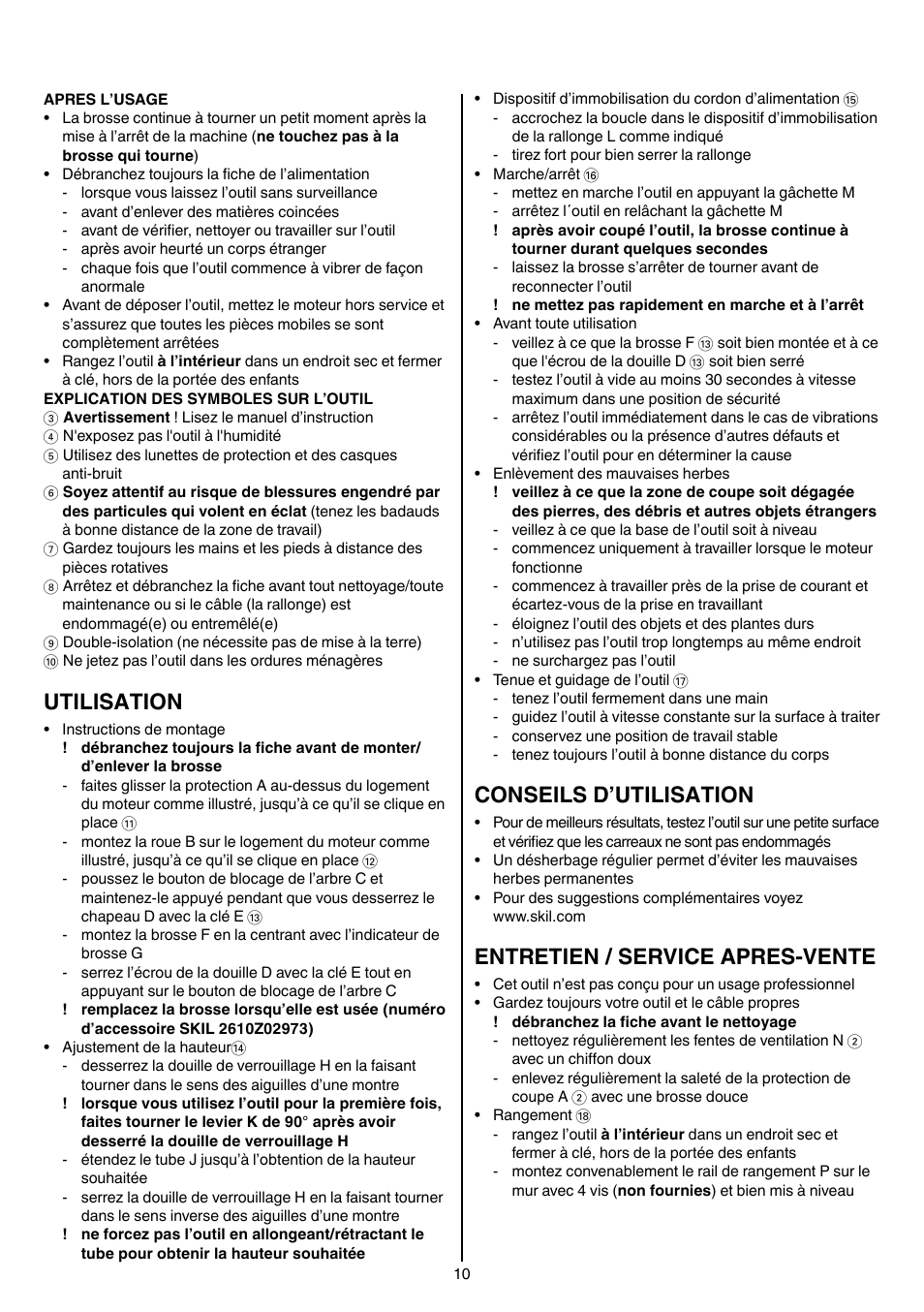 Utilisation, Conseils d’utilisation, Entretien / service apres-vente | Skil 0700 RA (Weedbuster) User Manual | Page 10 / 100