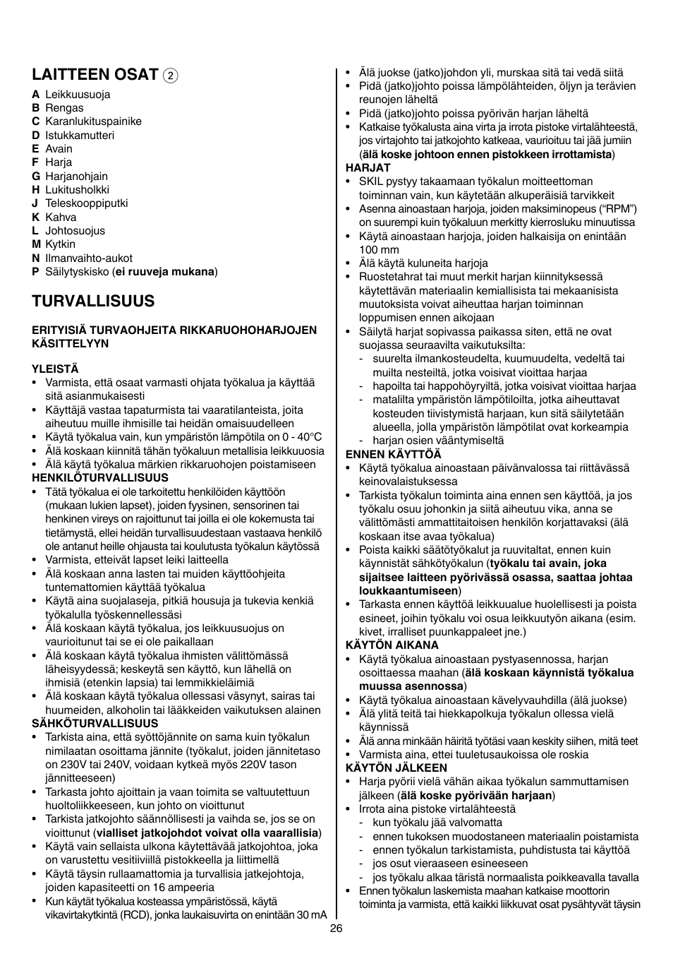 Laitteen osat 2, Turvallisuus | Skil 0700 RA (Weedbuster) User Manual | Page 26 / 100