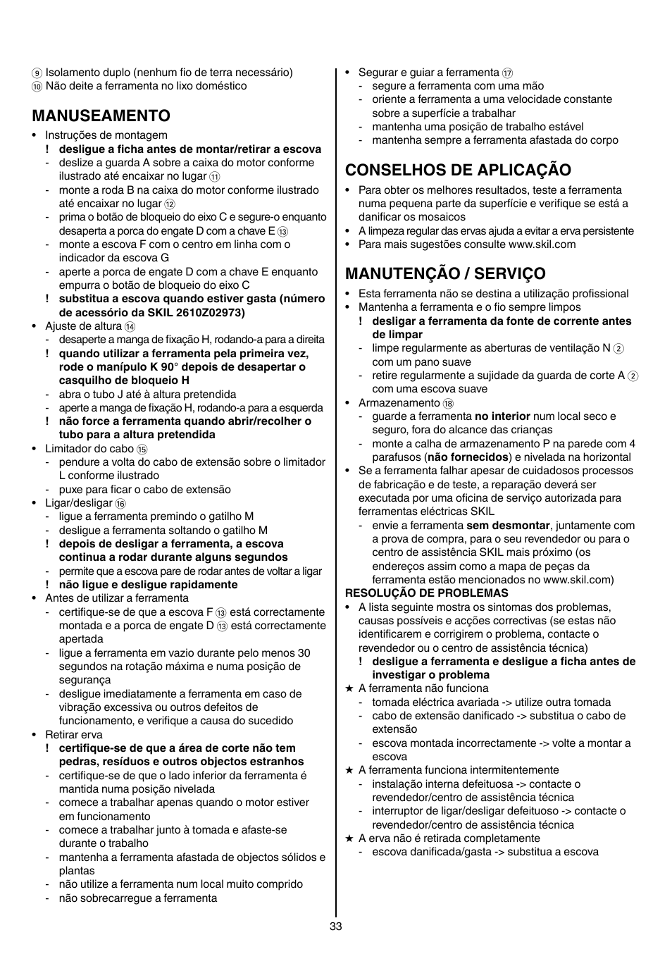 Manuseamento, Conselhos de aplicação, Manutenção / serviço | Skil 0700 RA (Weedbuster) User Manual | Page 33 / 100