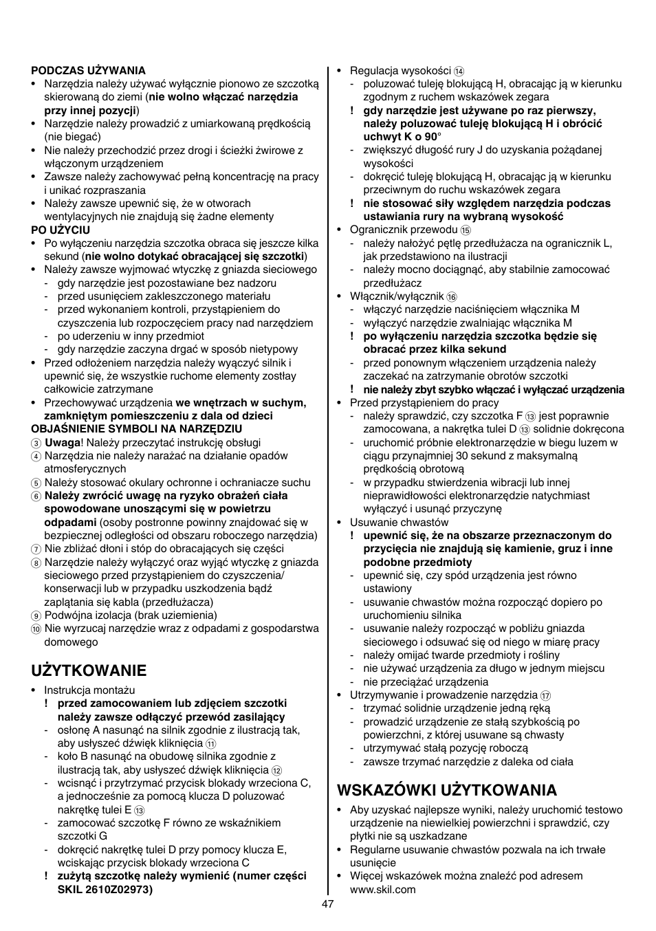 Użytkowanie, Wskazówki użytkowania | Skil 0700 RA (Weedbuster) User Manual | Page 47 / 100