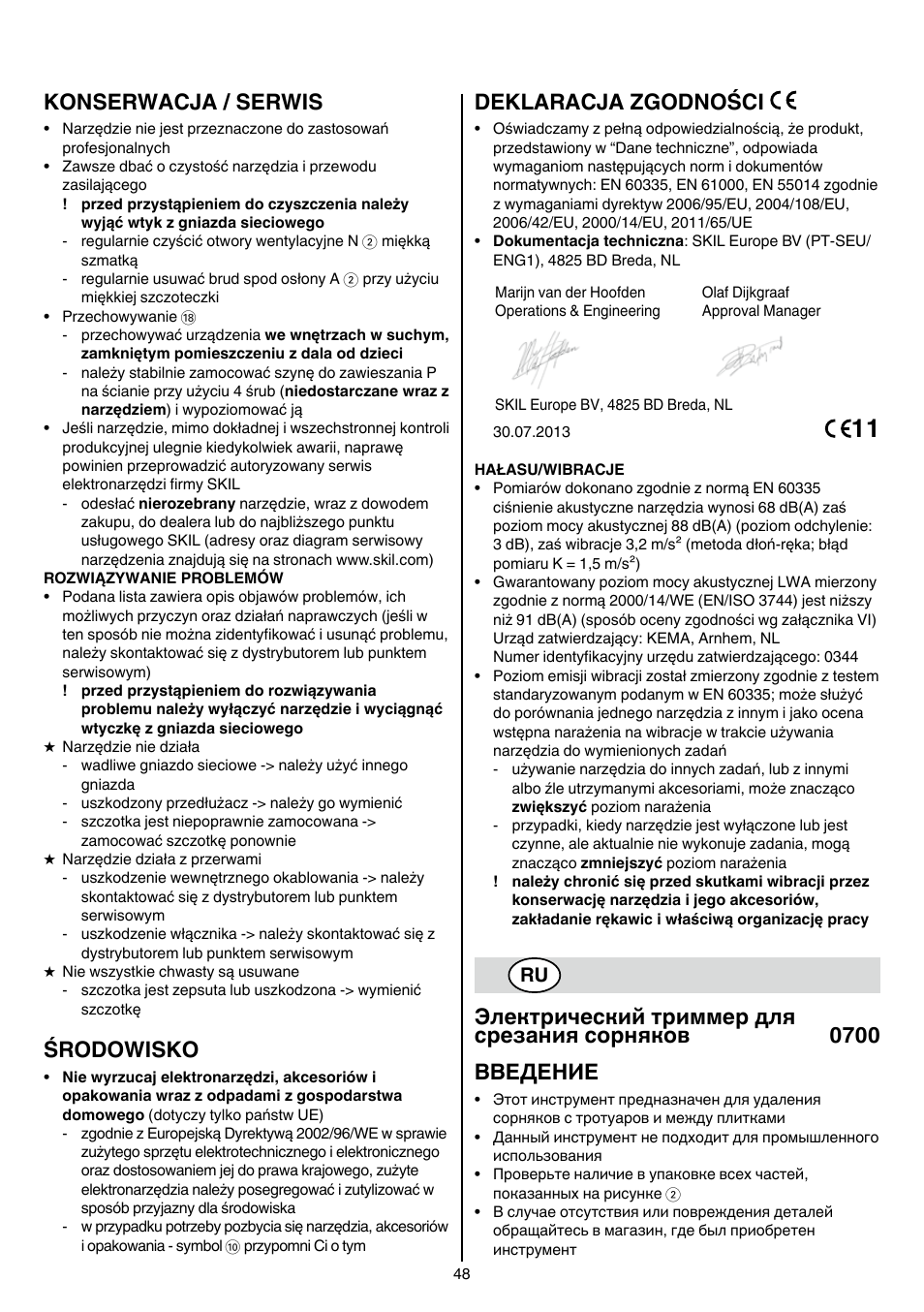 Konserwacja / serwis, Środowisko, Deklaracja zgodności | Skil 0700 RA (Weedbuster) User Manual | Page 48 / 100