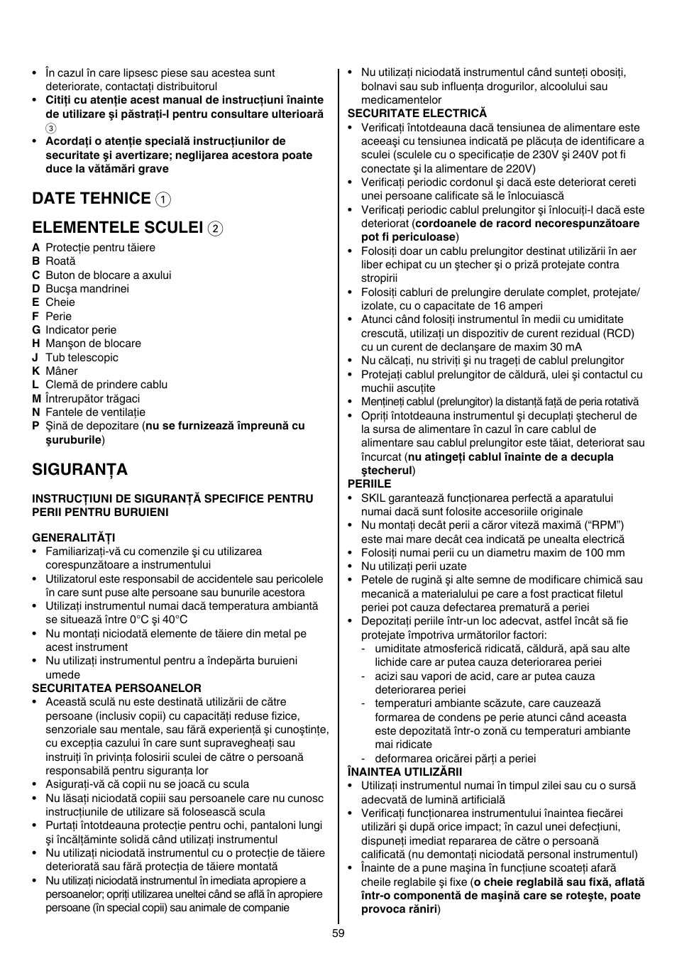 Date tehnice 1 elementele sculei 2, Siguranţa | Skil 0700 RA (Weedbuster) User Manual | Page 59 / 100