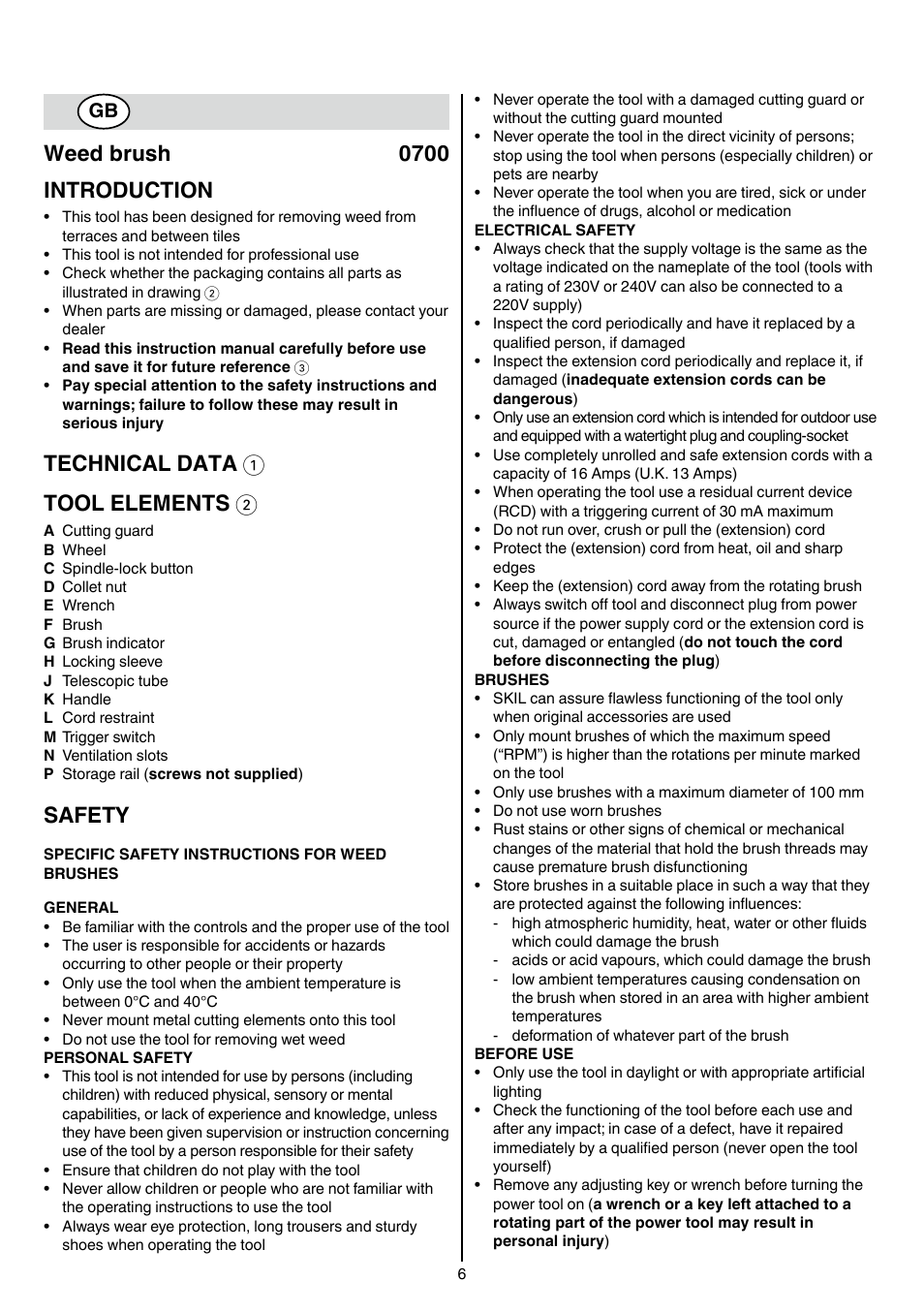 Weed brush 0700 introduction, Technical data 1 tool elements 2, Safety | Skil 0700 RA (Weedbuster) User Manual | Page 6 / 100