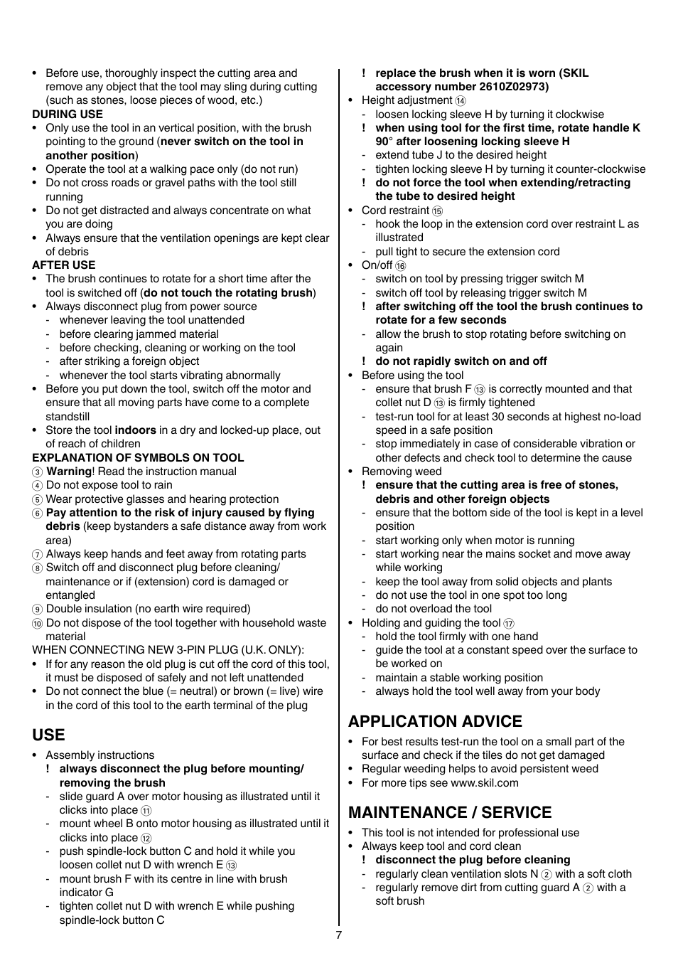 Application advice, Maintenance / service | Skil 0700 RA (Weedbuster) User Manual | Page 7 / 100