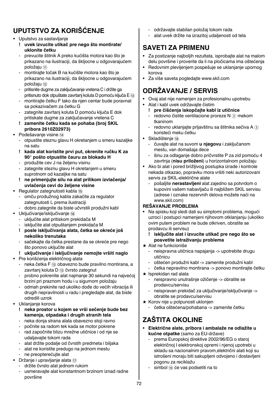 Uputstvo za korišćenje, Saveti za primenu, Održavanje / servis | Zaštita okoline | Skil 0700 RA (Weedbuster) User Manual | Page 72 / 100