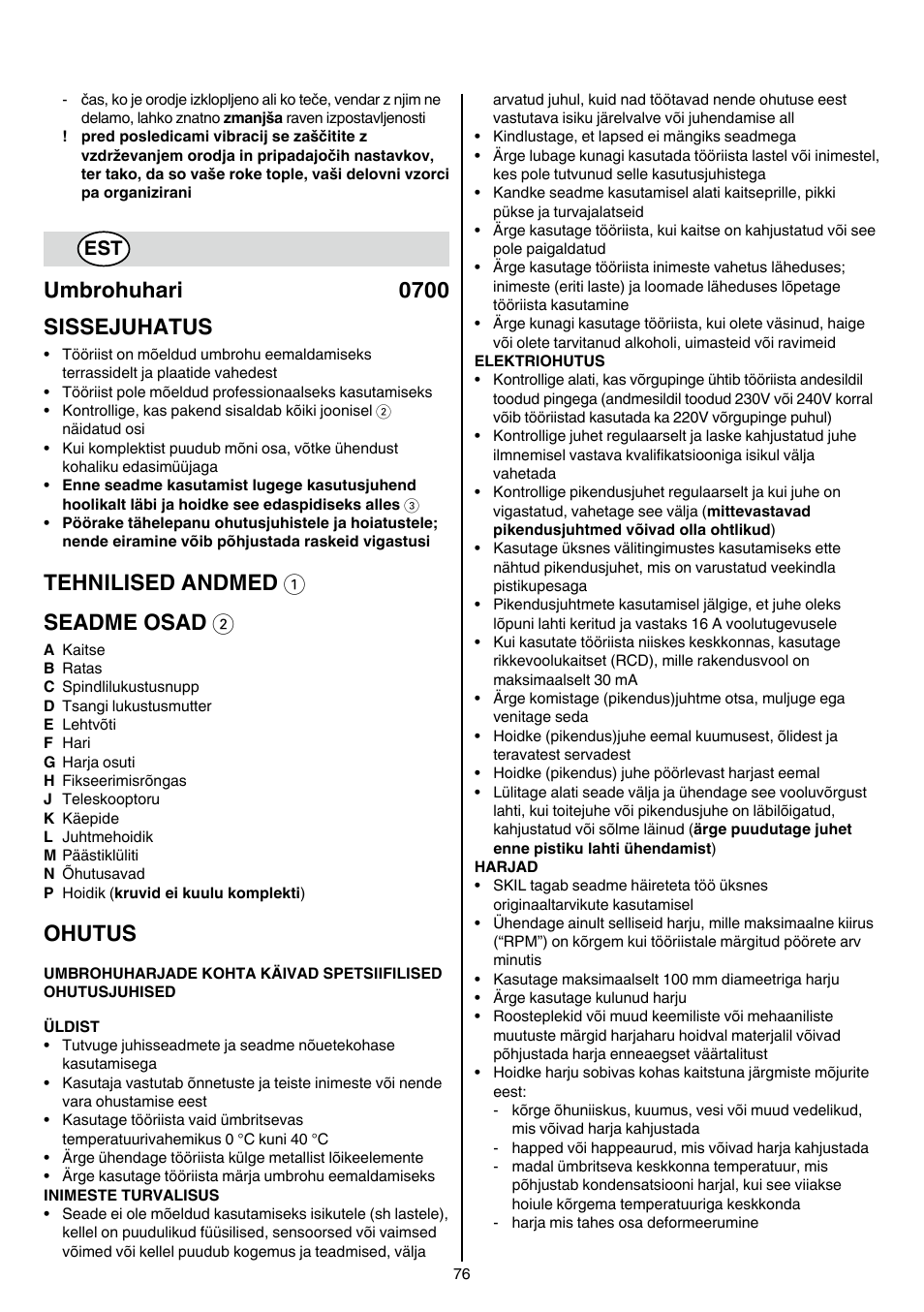 Umbrohuhari 0700 sissejuhatus, Tehnilised andmed 1 seadme osad 2, Ohutus | Skil 0700 RA (Weedbuster) User Manual | Page 76 / 100