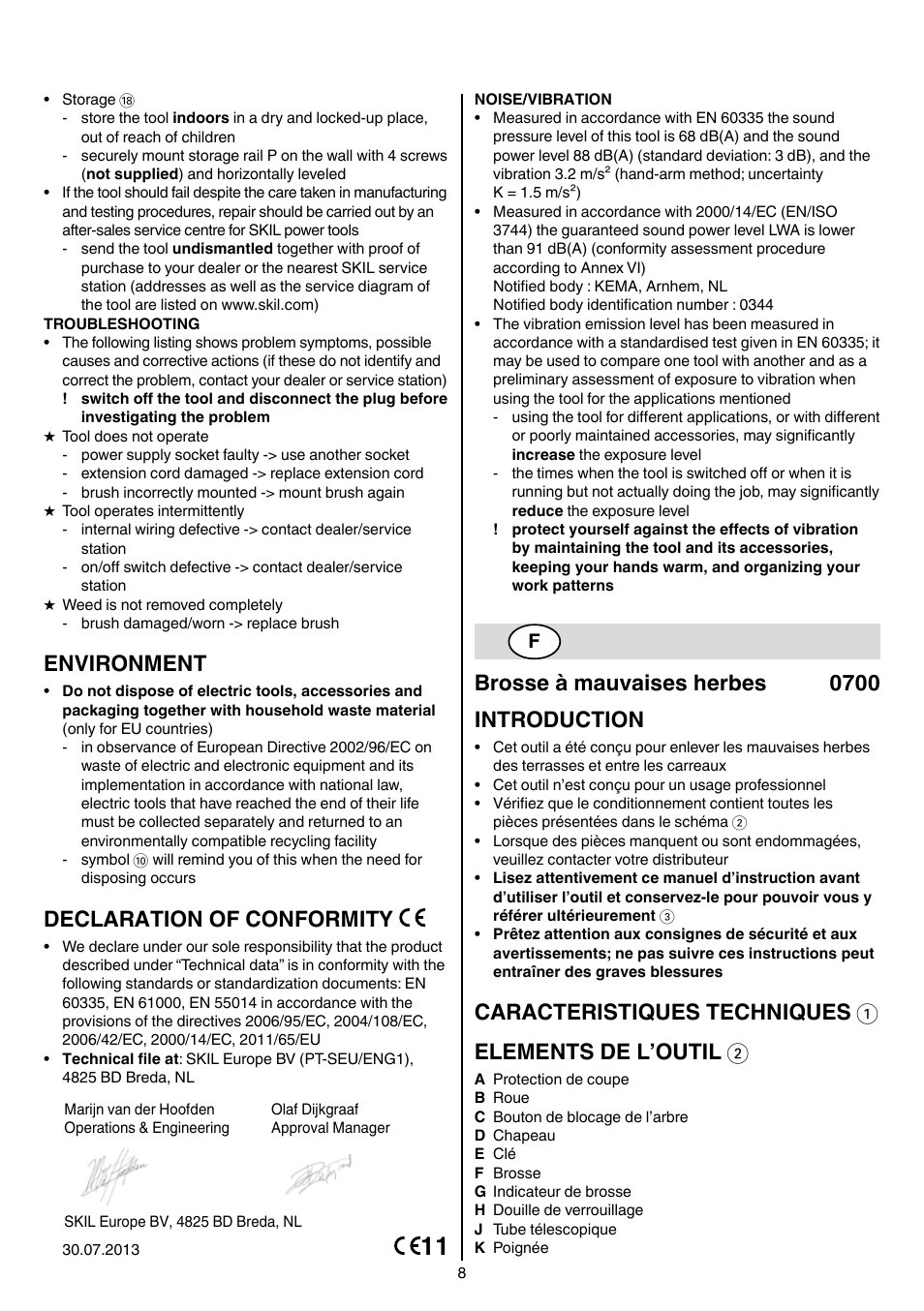 Environment, Declaration of conformity, Brosse à mauvaises herbes 0700 introduction | Skil 0700 RA (Weedbuster) User Manual | Page 8 / 100