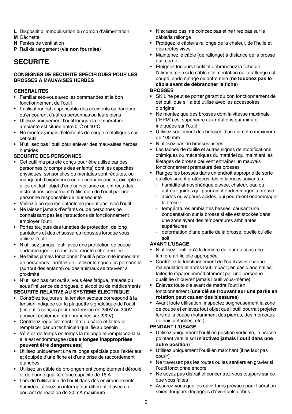 Securite | Skil 0700 RA (Weedbuster) User Manual | Page 9 / 100