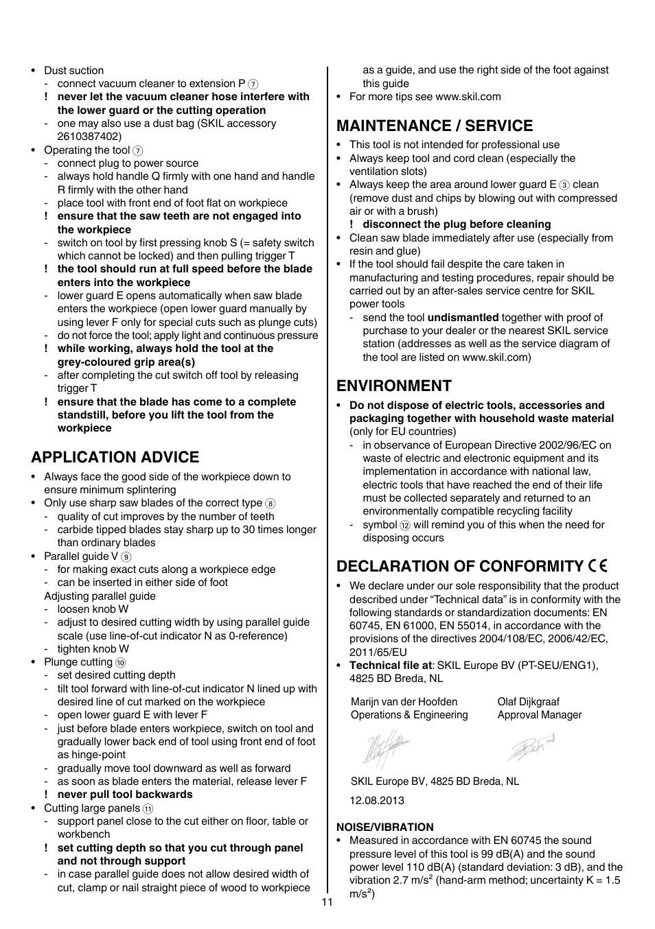 Application advice, Maintenance / service, Environment | Declaration of conformity | Skil 5265 AA User Manual | Page 11 / 160
